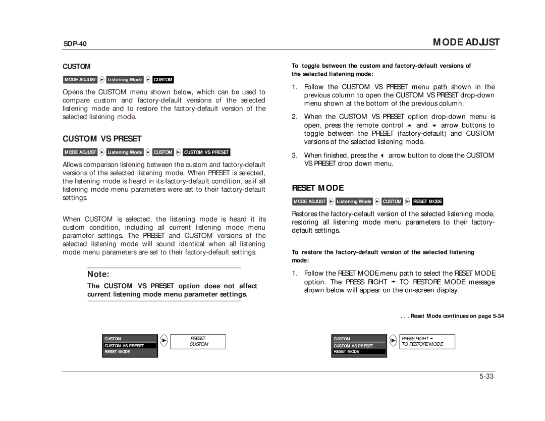 JBL SDP-40 manual Custom VS Preset, Reset Mode 