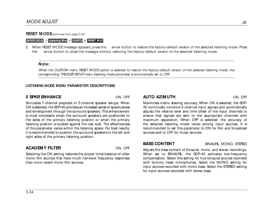 JBL SDP-40 manual Listening Mode Menu Parameter Descriptions, Spkr Enhance, Academy Filter, Auto Azimuth, Bass Content 