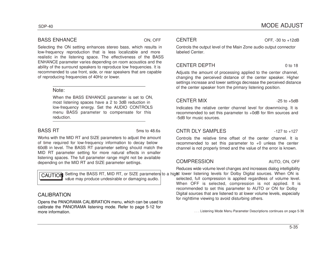 JBL SDP-40 manual Bass Enhance, Bass RT, Center Depth, Center MIX, Cntr DLY Samples, Compression 