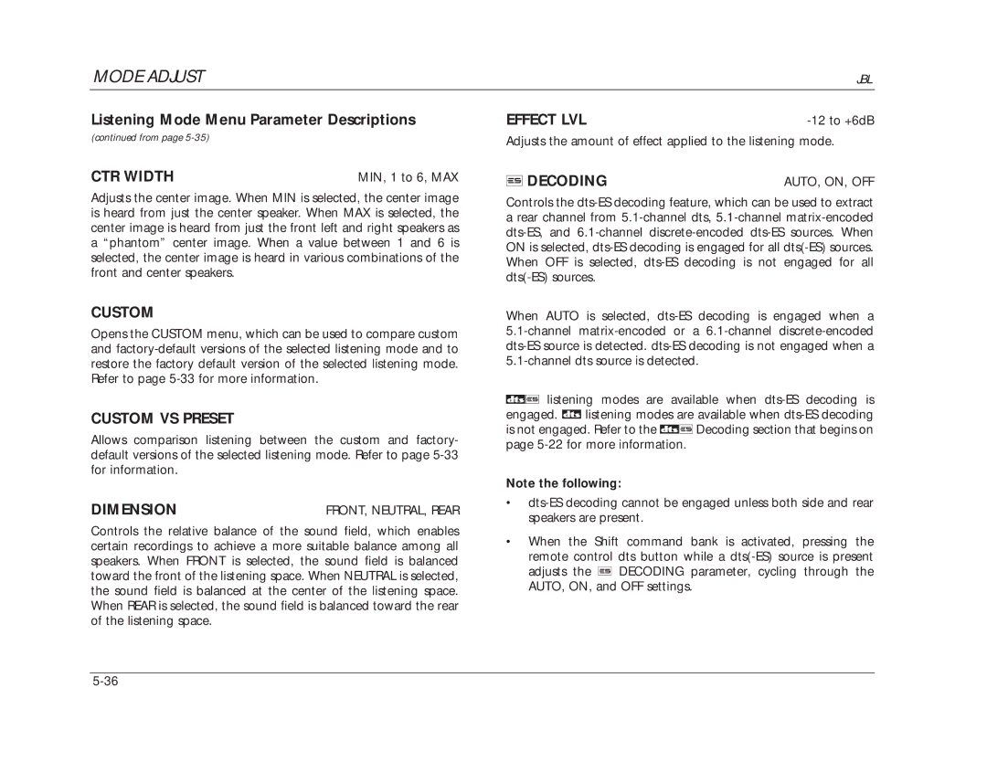 JBL SDP-40 manual CTR Width, Custom, Dimension, Effect LVL, Decoding 