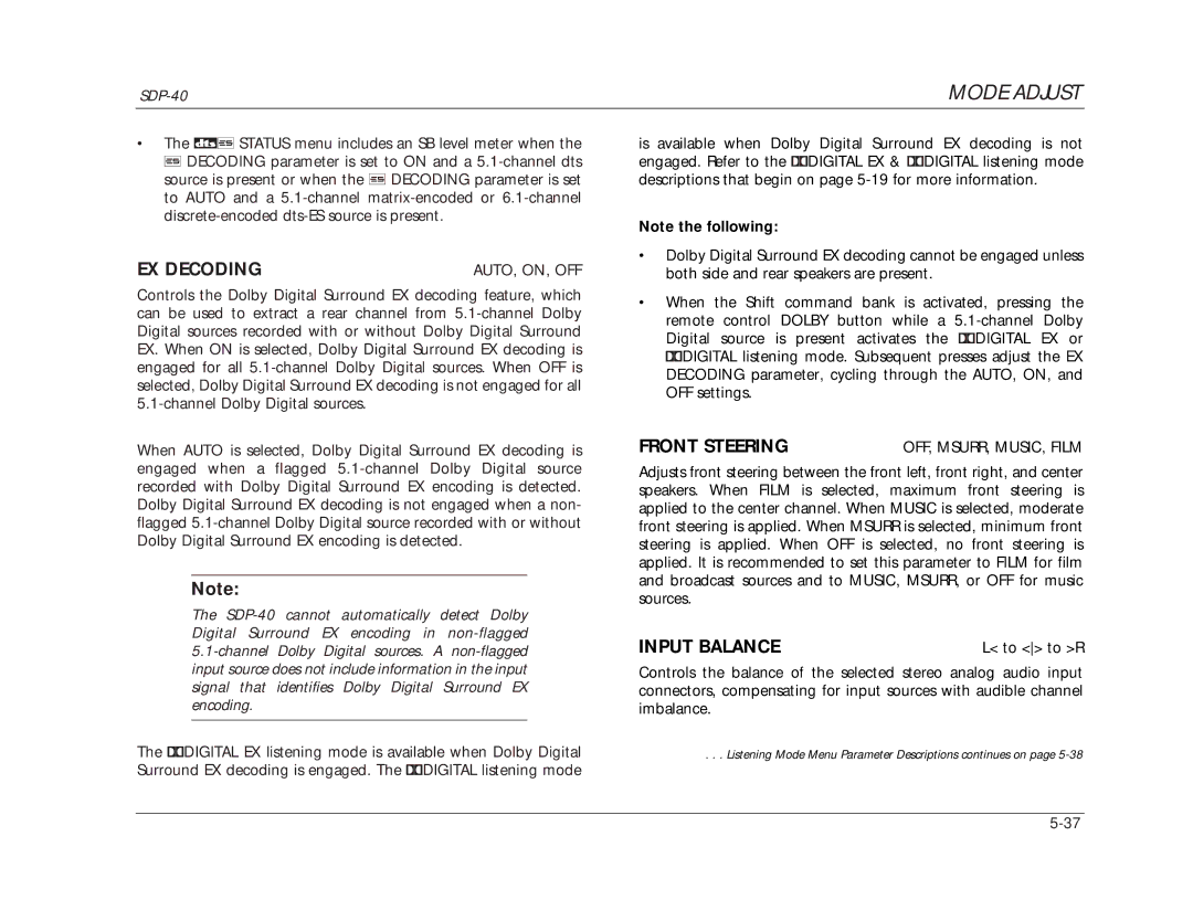 JBL SDP-40 manual EX Decoding, Input Balance 