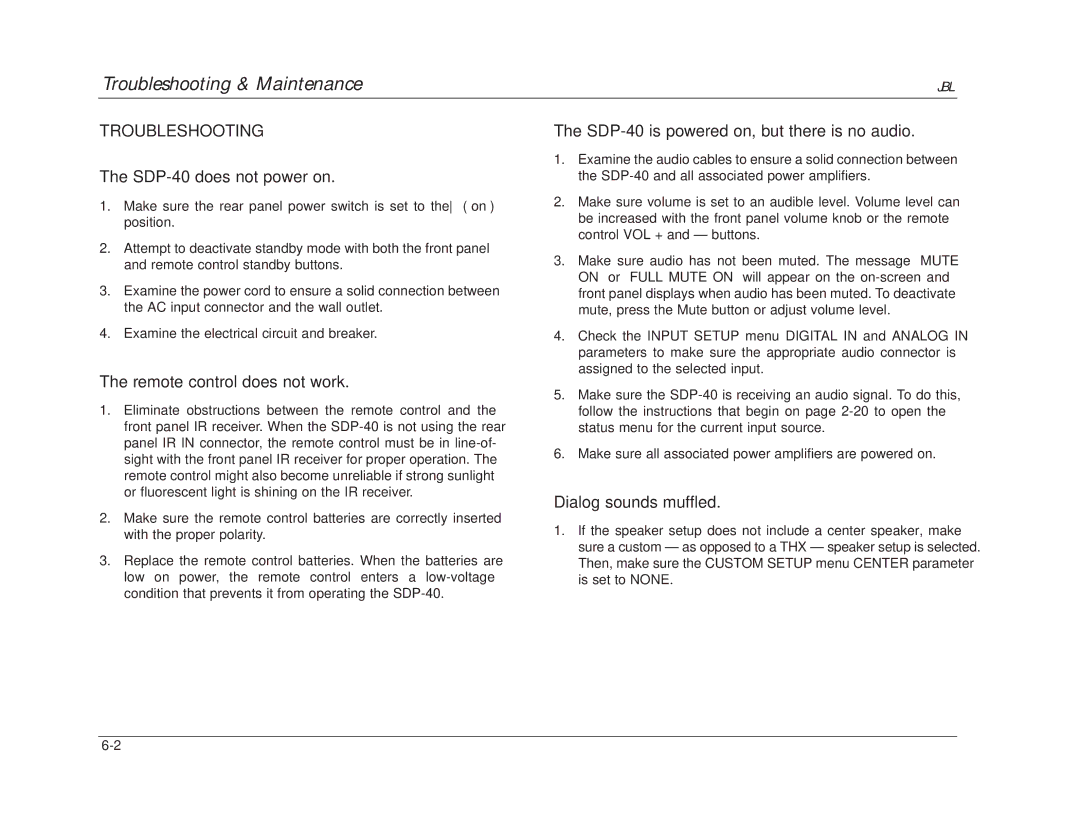 JBL manual Troubleshooting, SDP-40 does not power on, Remote control does not work, Dialog sounds muffled 