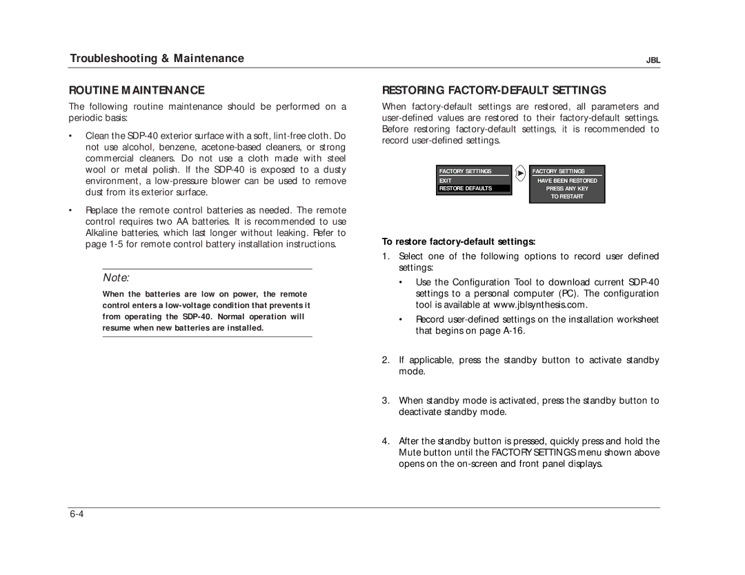 JBL SDP-40 manual Routine Maintenance, Restoring FACTORY-DEFAULT Settings, To restore factory-default settings 