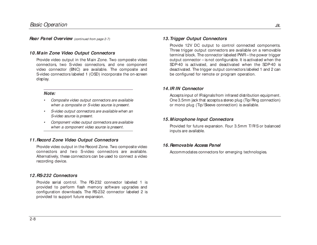 JBL SDP-40 Main Zone Video Output Connectors, Record Zone Video Output Connectors, 12.RS-232 Connectors, IR in Connector 