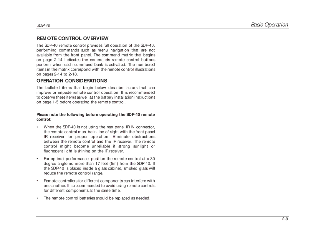 JBL SDP-40 manual Remote Control Overview, Operation Considerations 