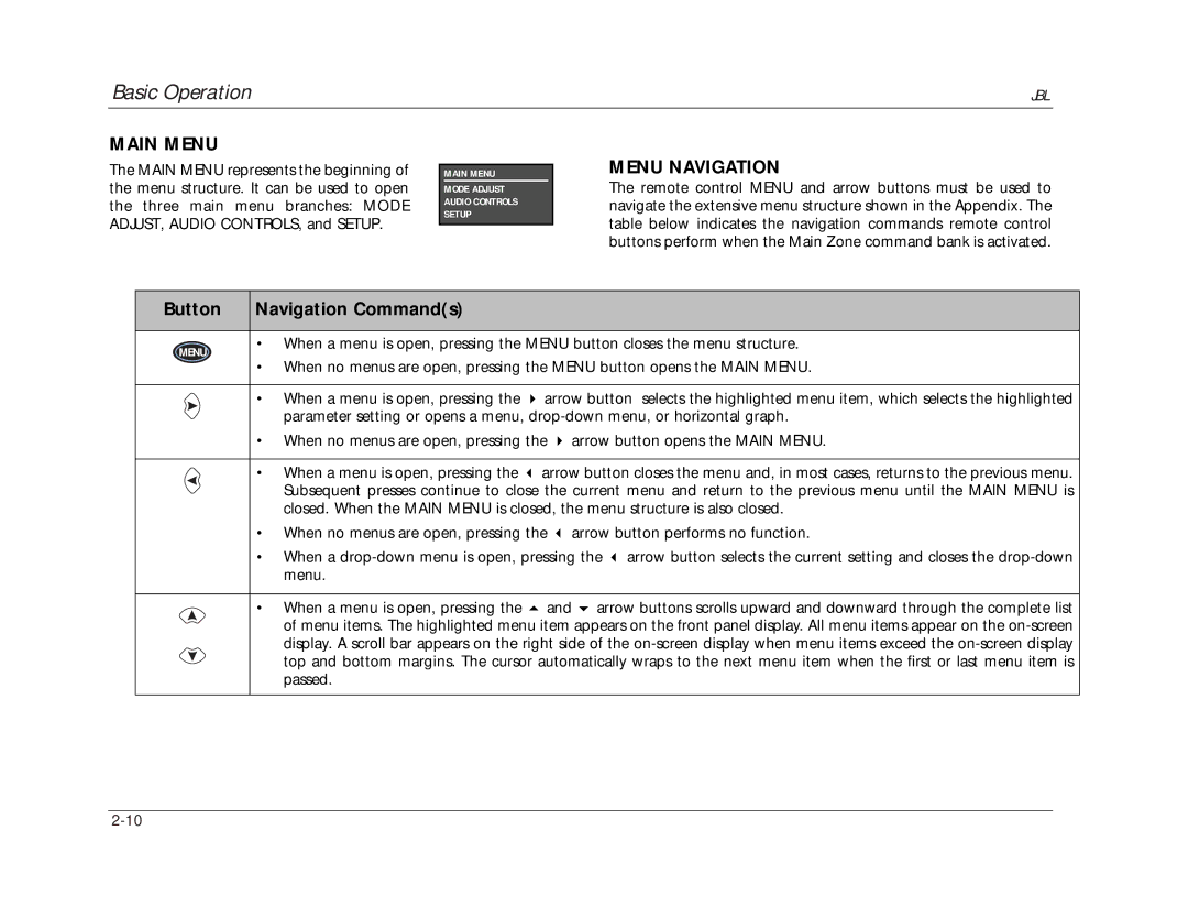 JBL SDP-40 manual Main Menu, Menu Navigation, Button Navigation Commands 