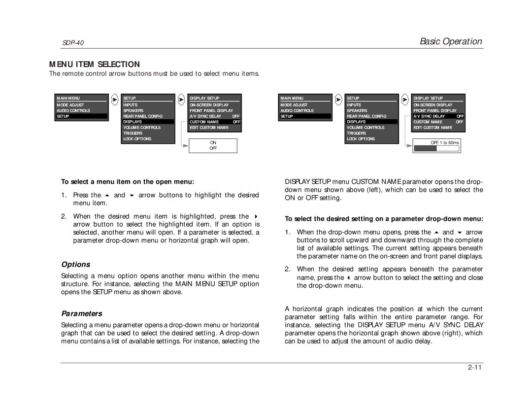 JBL SDP-40 manual Menu Item Selection, To select a menu item on the open menu 