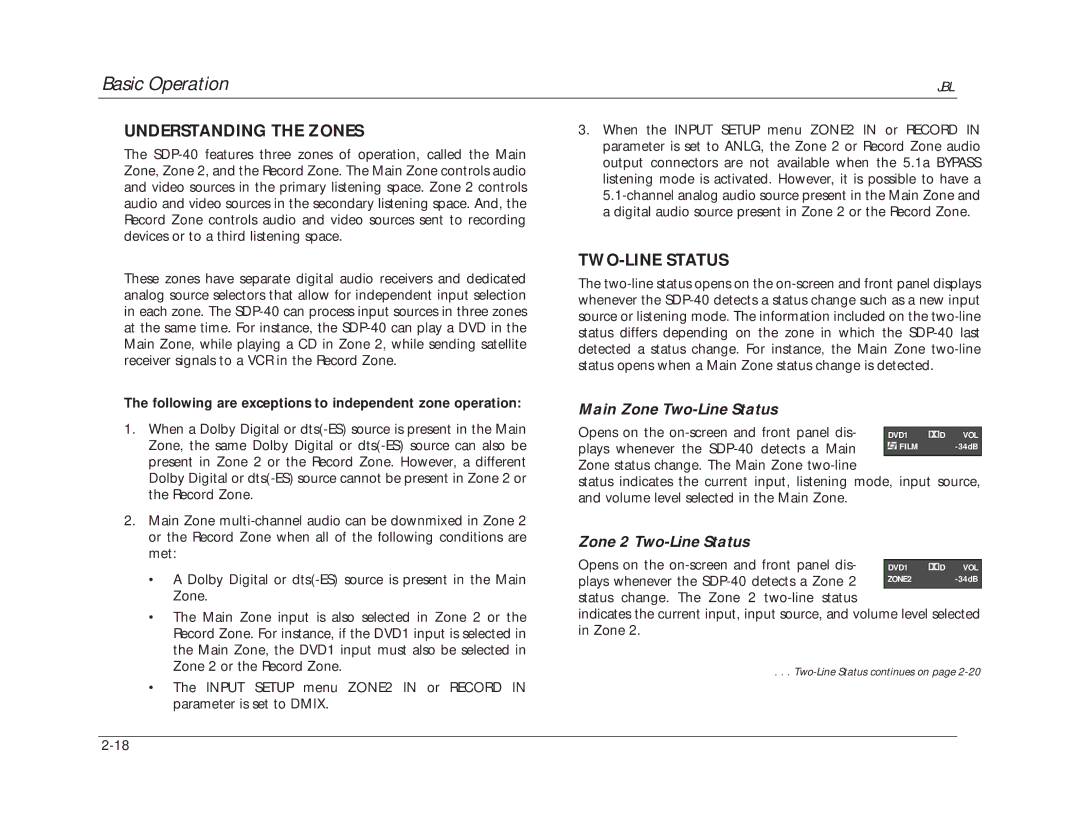 JBL SDP-40 manual Understanding the Zones, TWO-LINE Status, Main Zone Two-Line Status, Zone 2 Two-Line Status 