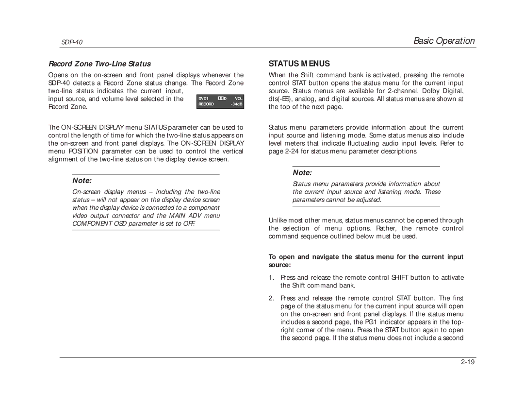 JBL SDP-40 manual Record Zone Two-Line Status, Status Menus 