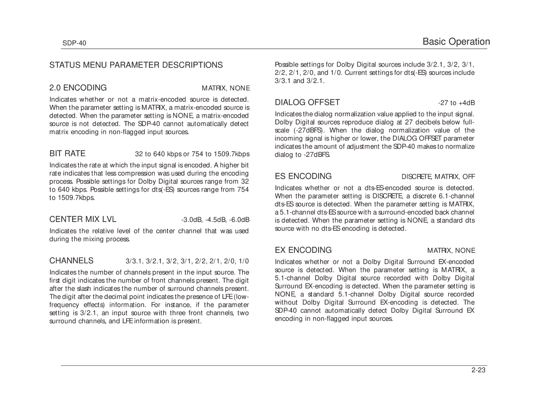 JBL SDP-40 manual BIT Rate, Center MIX LVL, Channels, Dialog Offset, ES Encoding, EX Encoding 