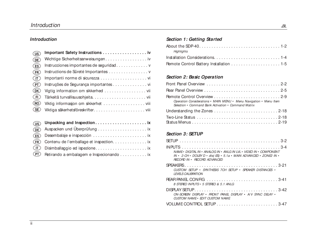 JBL SDP-40 manual Introduction, Getting Started, Basic Operation, Setup 