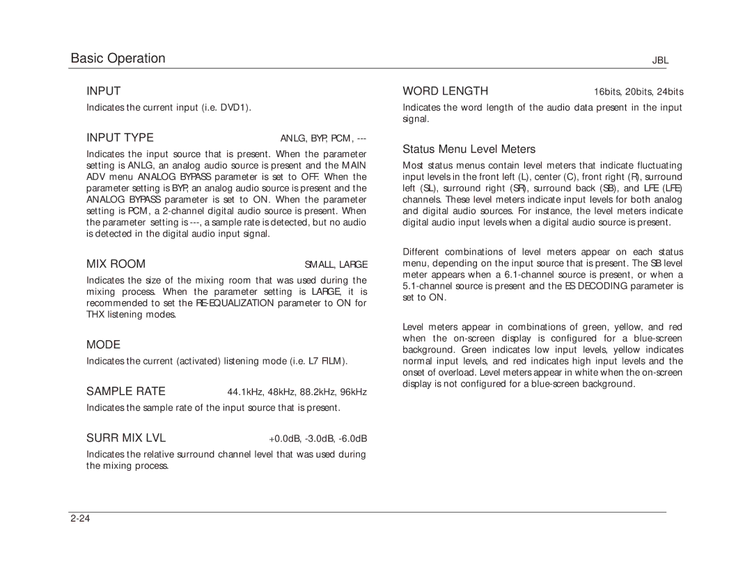 JBL SDP-40 manual Input Type, MIX Room, Mode, Sample Rate, Surr MIX LVL, Word Length 