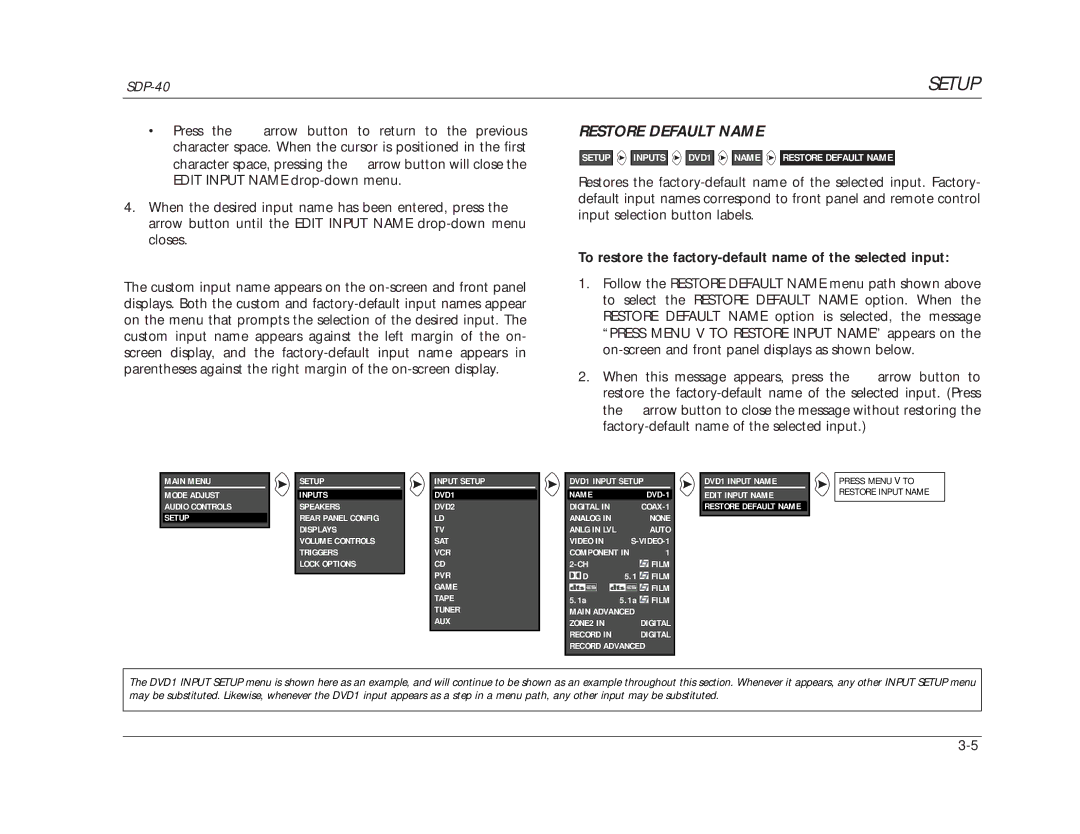 JBL SDP-40 manual Restore Default Name, To restore the factory-default name of the selected input 