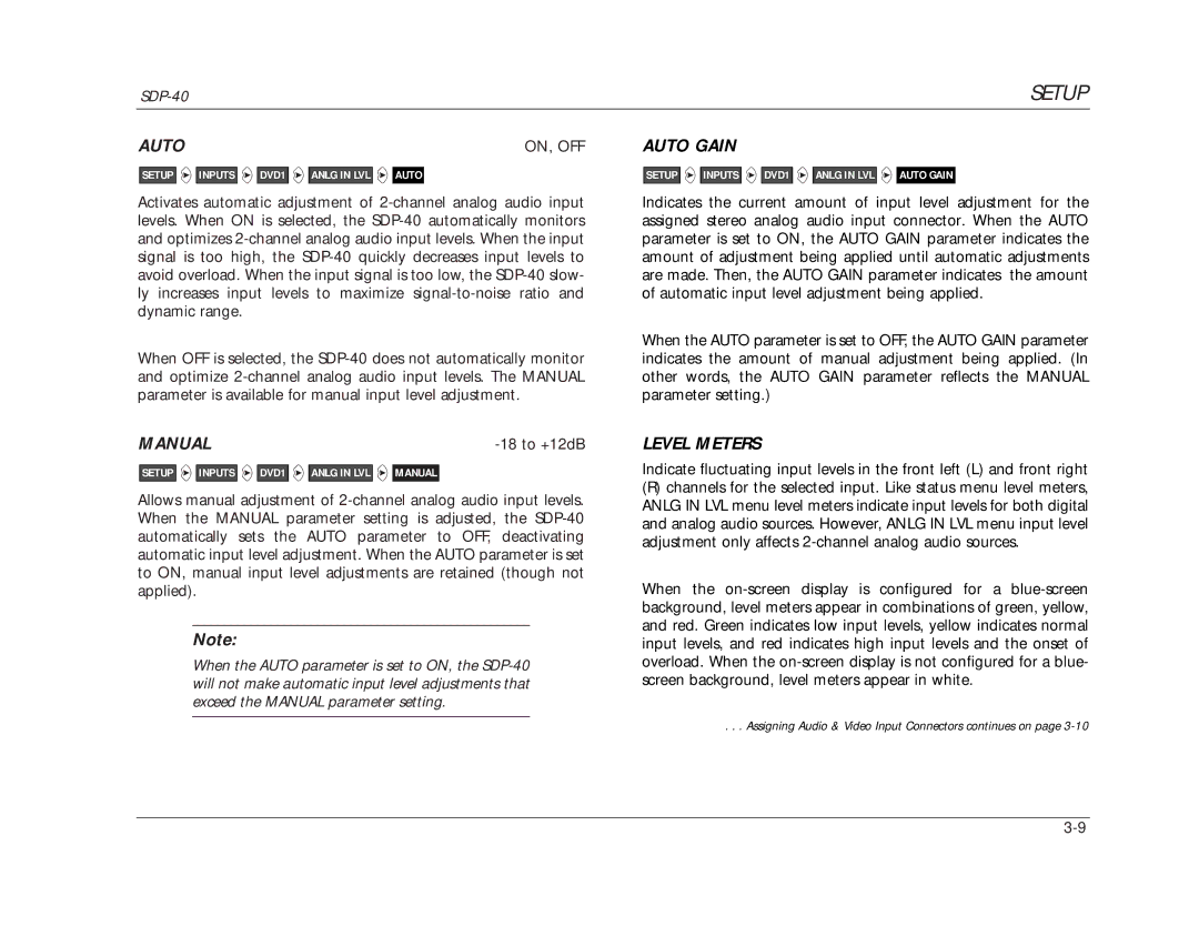 JBL SDP-40 manual Manual, Auto Gain, Level Meters 