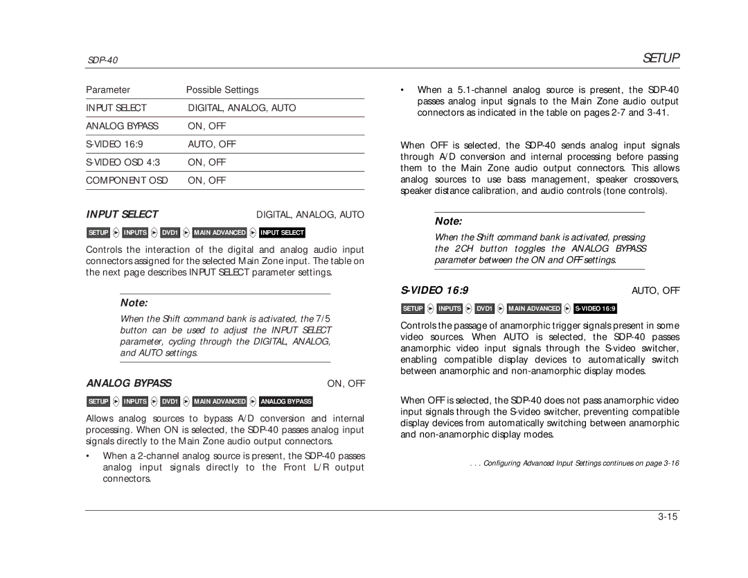 JBL SDP-40 manual Input Select, Analog Bypass 