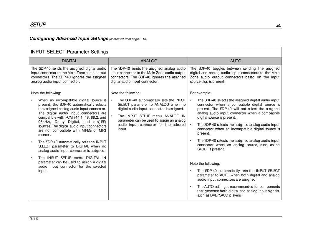 JBL SDP-40 manual Setup, Input Select Parameter Settings 