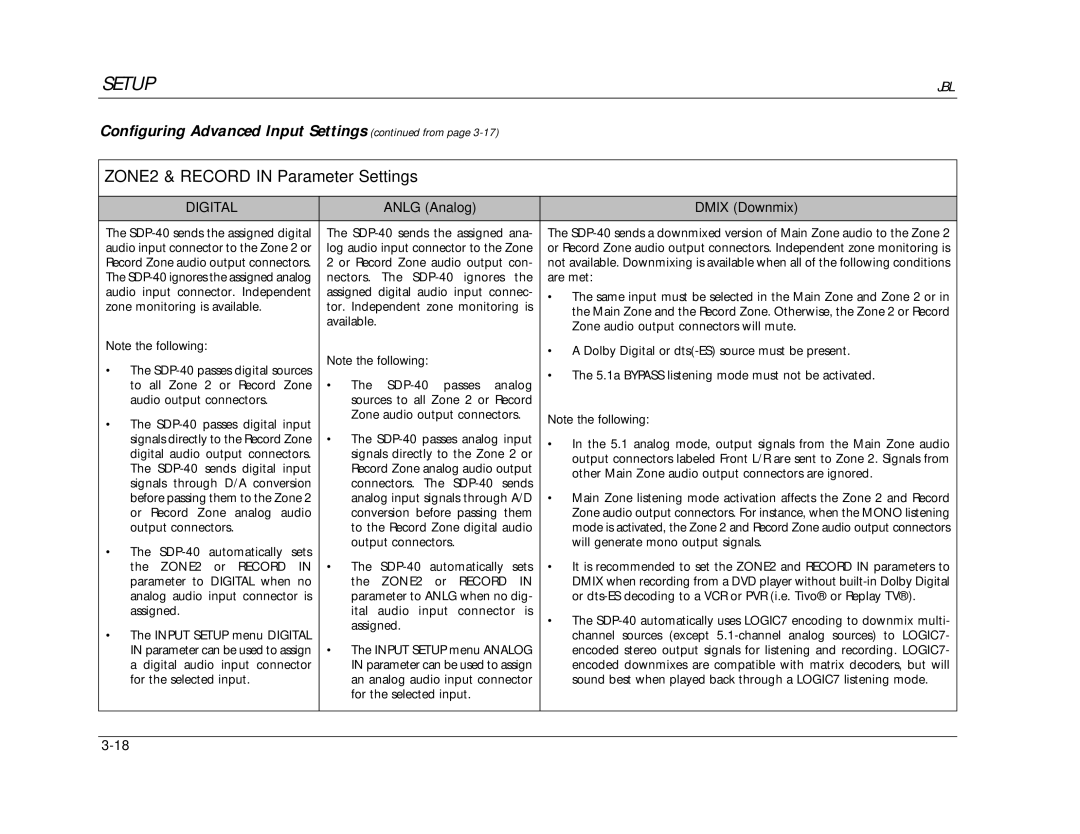 JBL SDP-40 manual ZONE2 & Record in Parameter Settings, Anlg Analog Dmix Downmix 