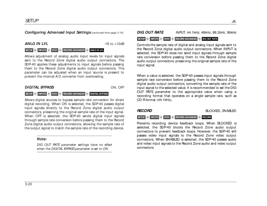JBL SDP-40 manual Configuring Advanced Input Settings from, Digital Bypass, Record 