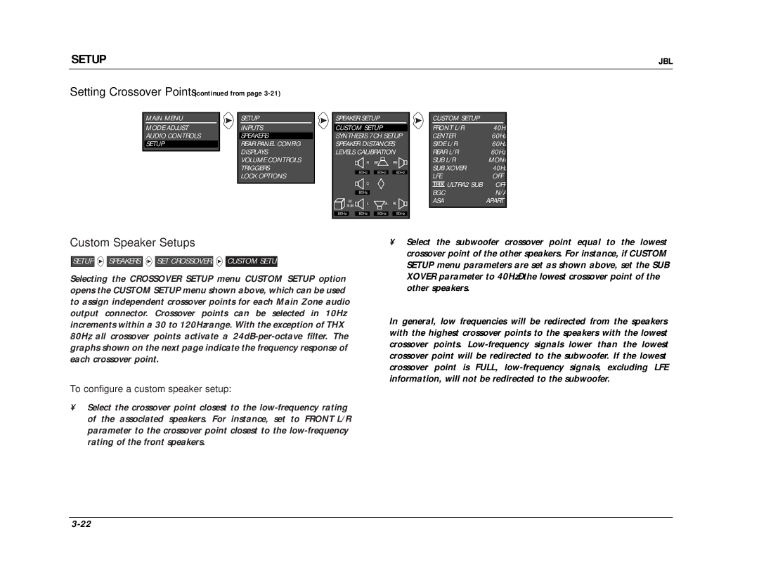 JBL SDP-40 manual Custom Speaker Setups, To configure a custom speaker setup 