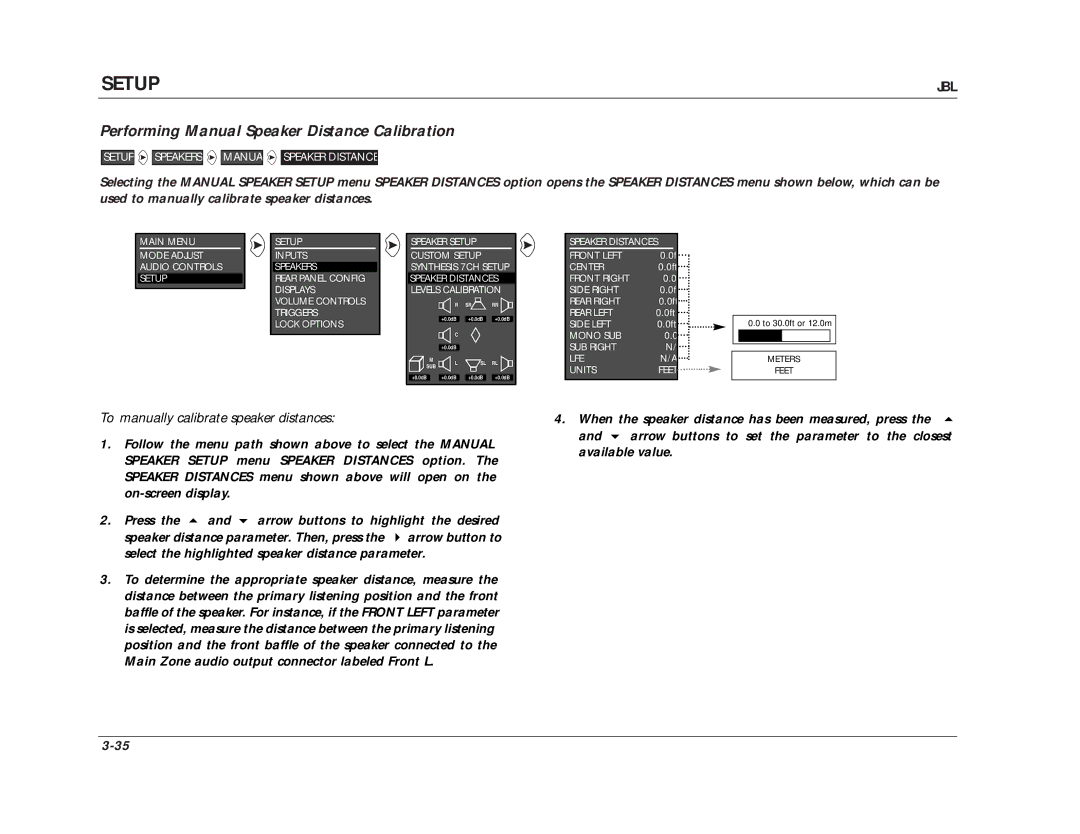 JBL SDP-40 Performing Manual Speaker Distance Calibration, To manually calibrate speaker distances 