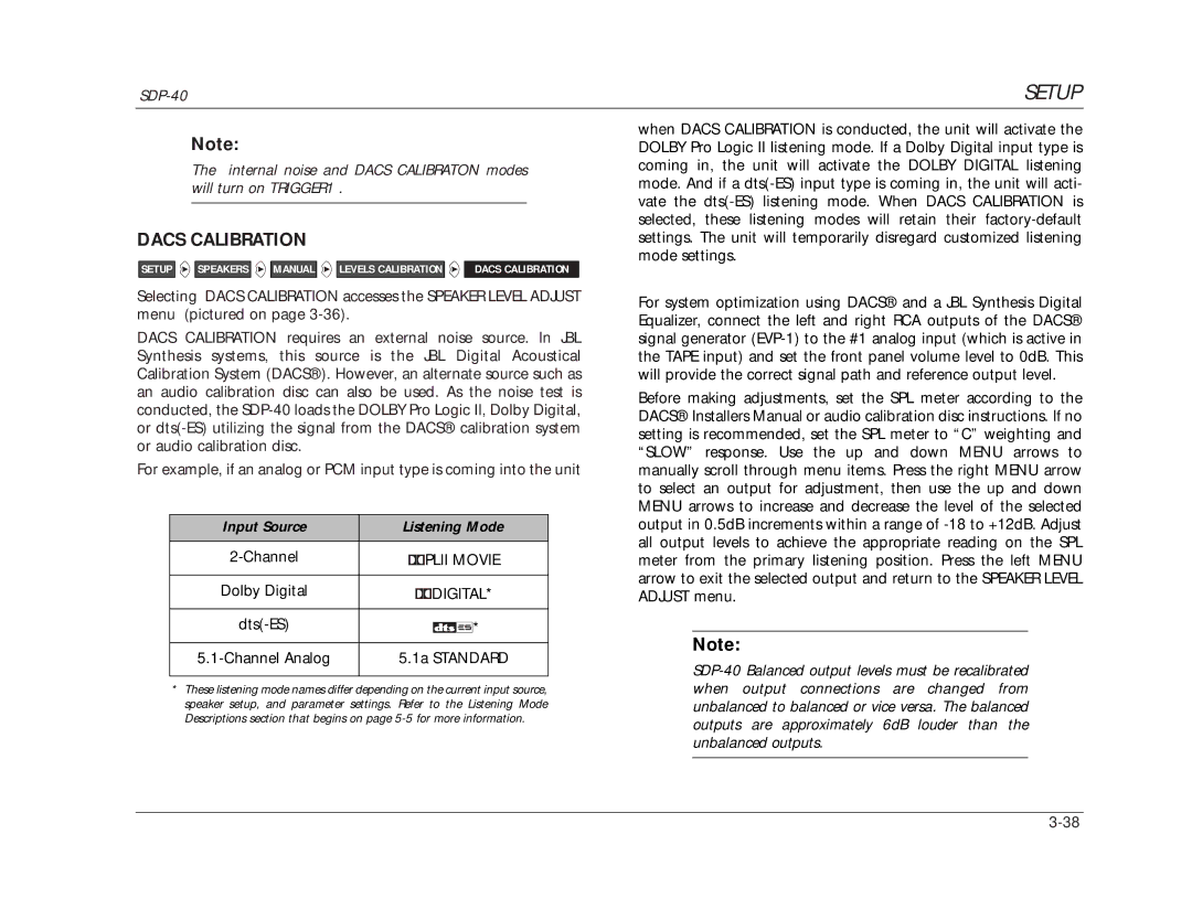 JBL SDP-40 manual Dacs Calibration, Input Source Listening Mode 