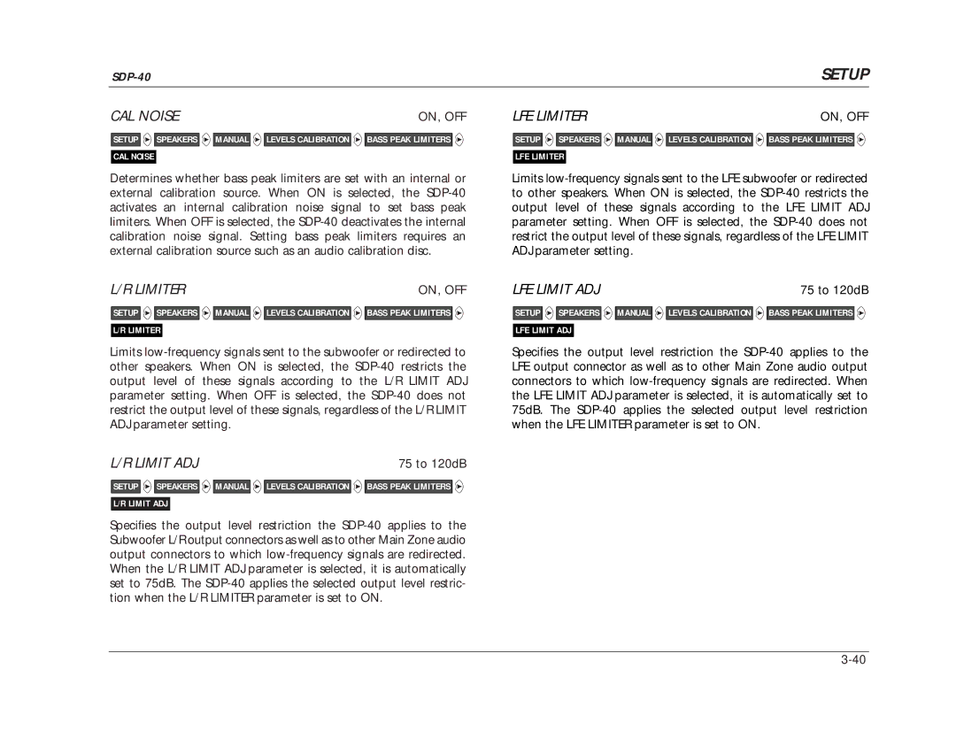 JBL SDP-40 manual CAL Noise, LFE Limiter, LFE Limit ADJ 