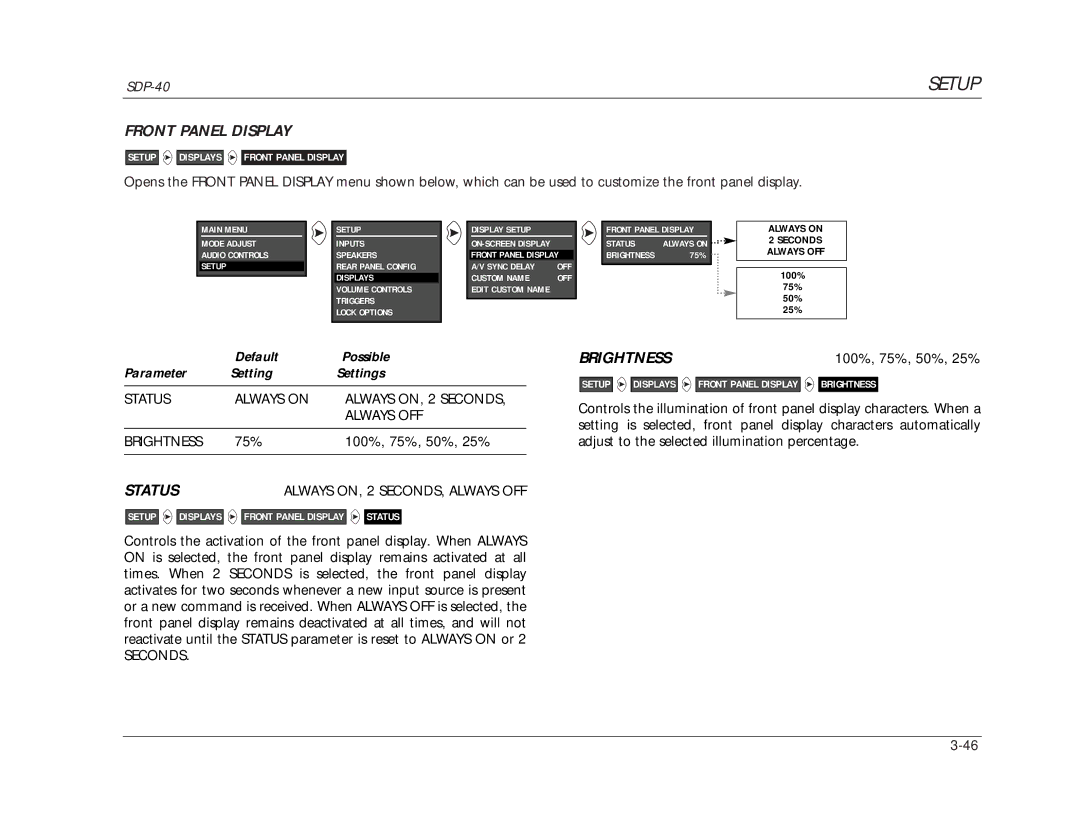 JBL SDP-40 manual Front Panel Display, Brightness 
