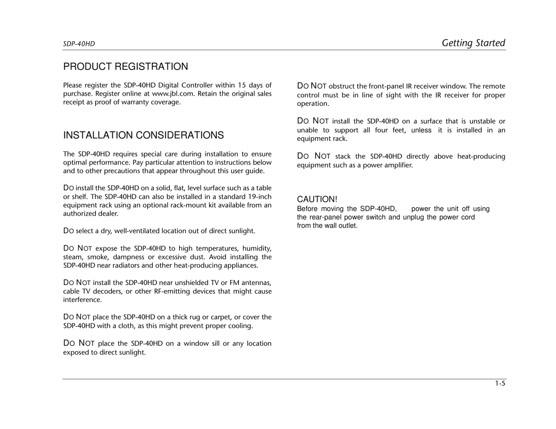 JBL SDP-40HD manual Product Registration Installation Considerations 