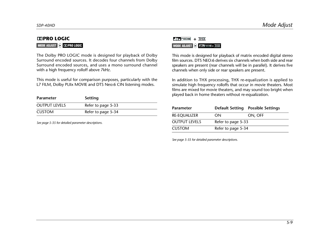 JBL SDP-40HD manual PRO Logic, Parameter Setting 