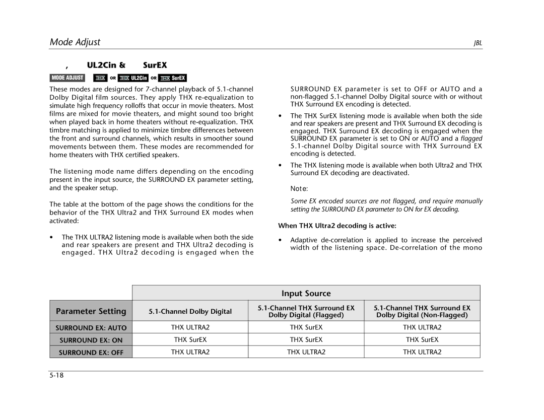 JBL SDP-40HD manual UL2Cin & SurEX, Input Source Parameter Setting, When THX Ultra2 decoding is active, THX SurEX 