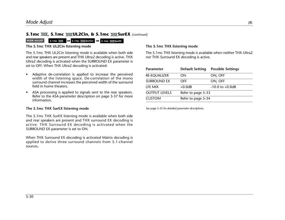 JBL SDP-40HD manual 5.1mc THX UL2Cin listening mode, 5.1mc THX listening mode, 5.1mc THX SurEX listening mode 