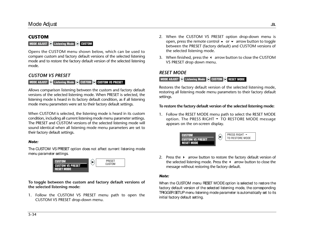 JBL SDP-40HD manual Custom VS Preset, Reset Mode 