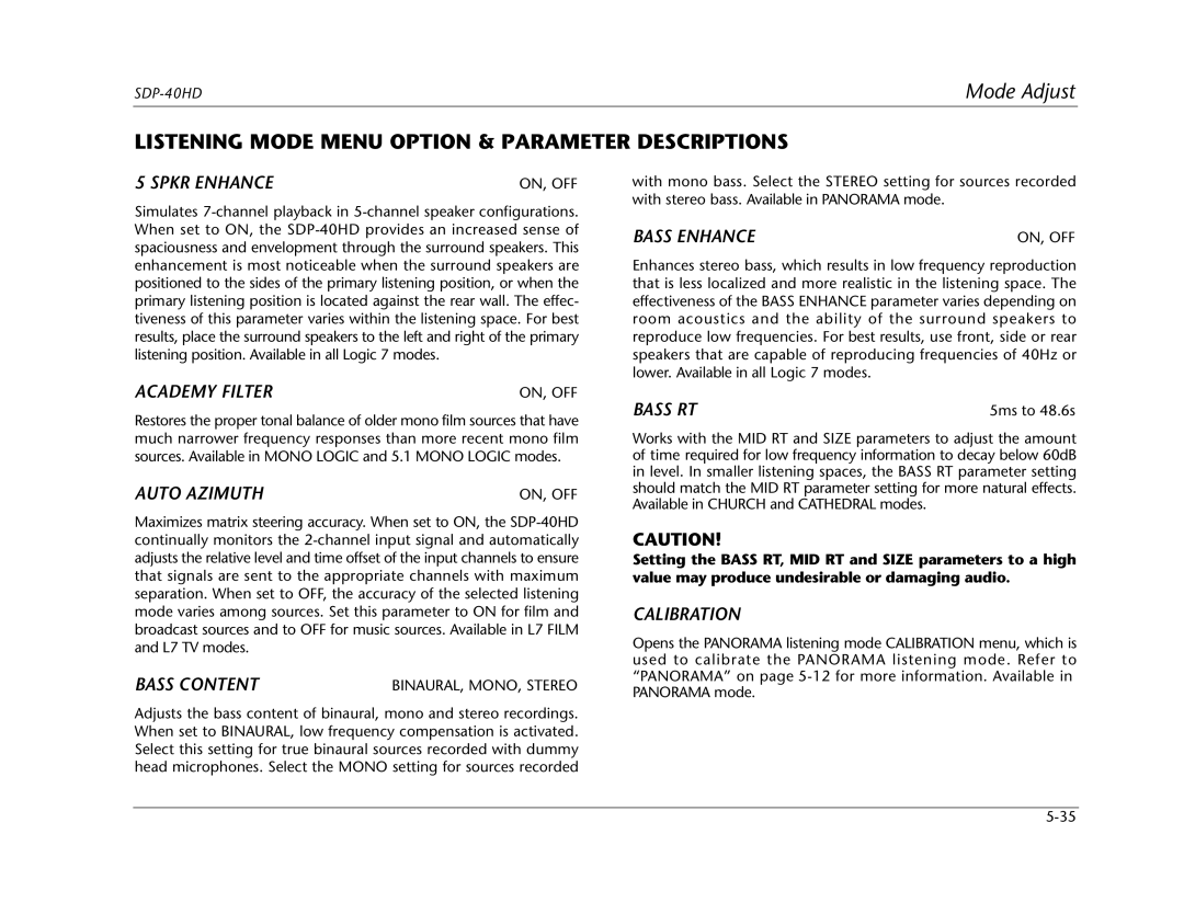 JBL SDP-40HD manual Listening Mode Menu Option & Parameter Descriptions 