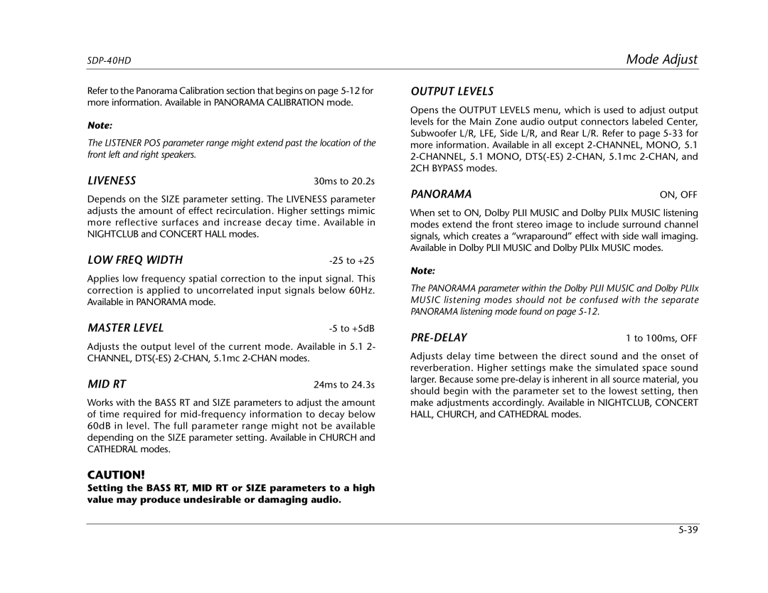 JBL SDP-40HD manual Liveness, LOW Freq Width, Master Level, Mid Rt, Output Levels, Panorama, Pre-Delay 