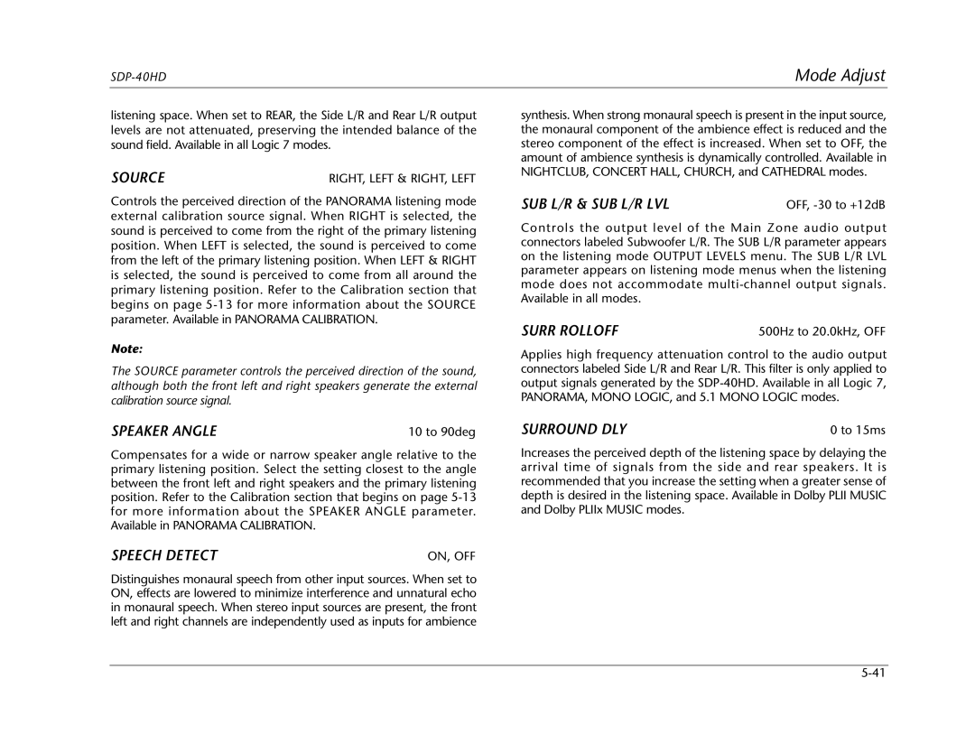 JBL SDP-40HD manual Source, Speaker Angle, Speech Detect, Sub L/R & Sub L/R Lvl, Surr Rolloff, Surround DLY 
