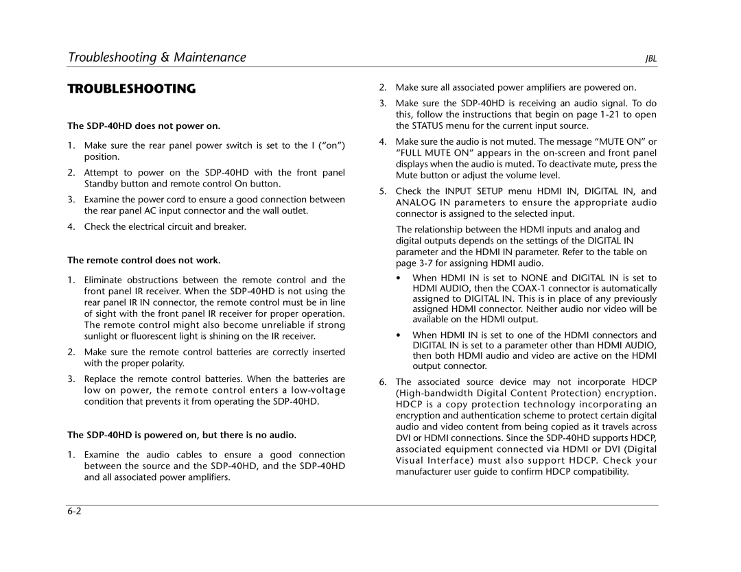 JBL manual Troubleshooting, SDP-40HD does not power on, Remote control does not work 