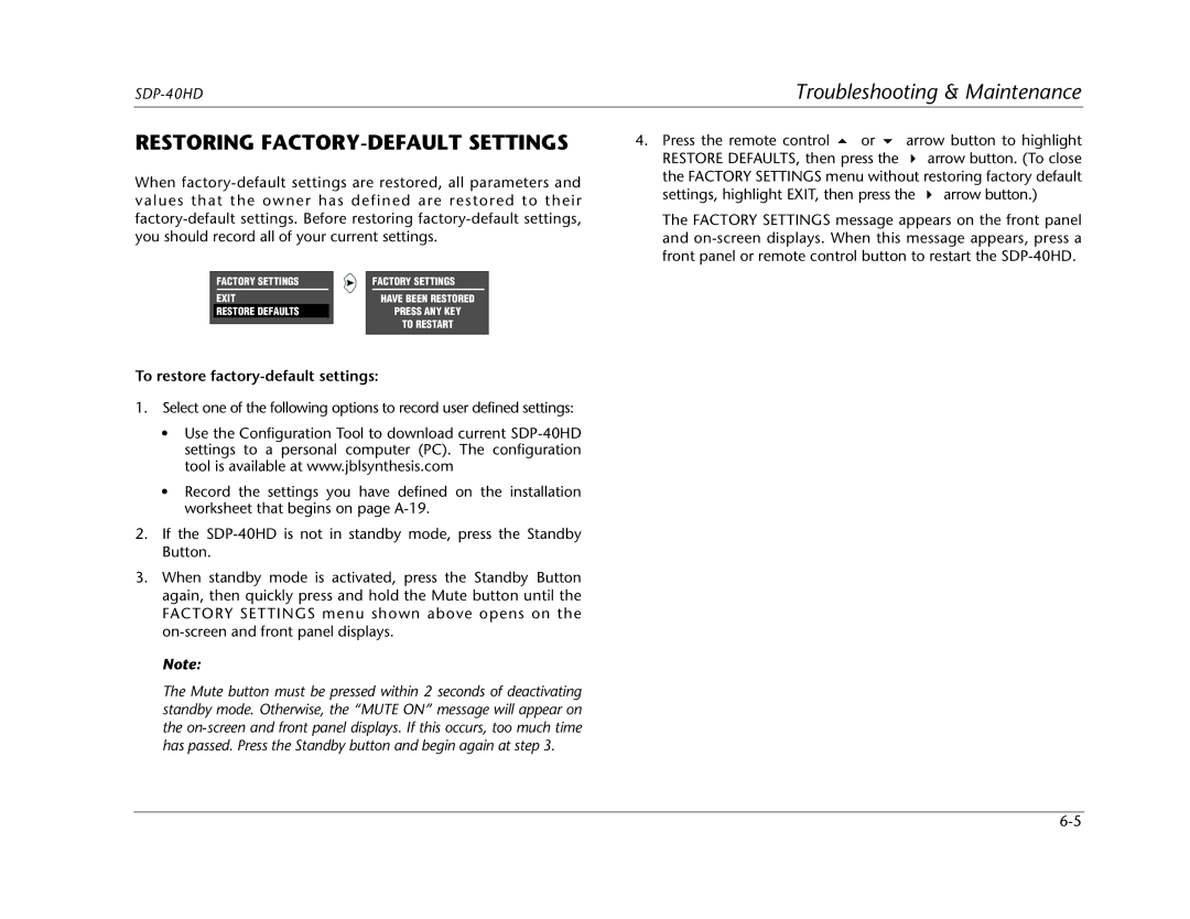 JBL SDP-40HD manual Restoring FACTORY-DEFAULT Settings, To restore factory-default settings 