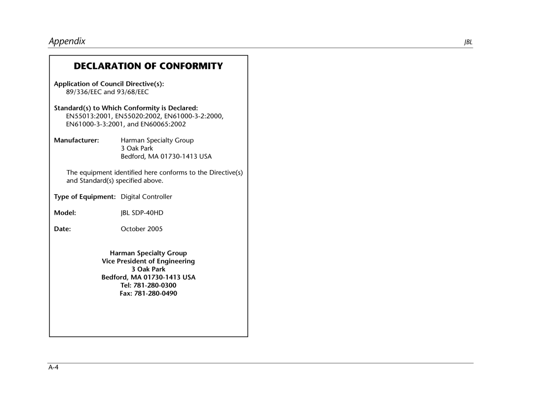 JBL SDP-40HD manual Declaration of Conformity 