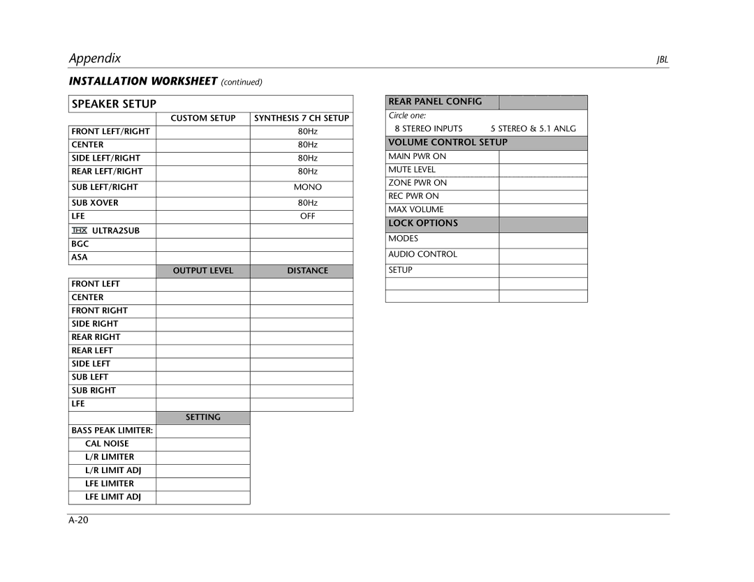 JBL SDP-40HD manual Installation Worksheet, Speaker Setup 