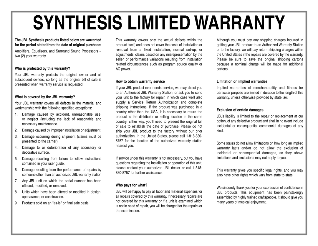 JBL SDP-40HD manual Synthesis Limited Warranty 