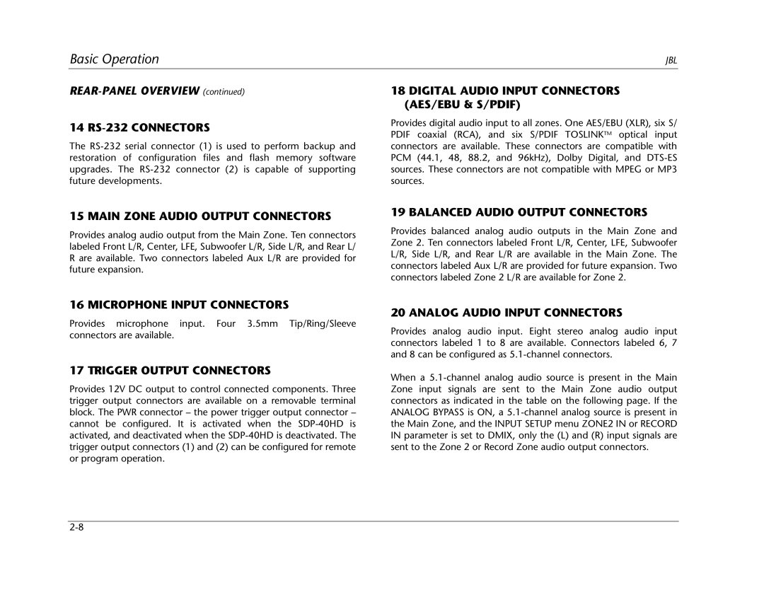 JBL SDP-40HD 14 RS-232 Connectors, Digital Audio Input Connectors AES/EBU & S/PDIF, Main Zone Audio Output Connectors 