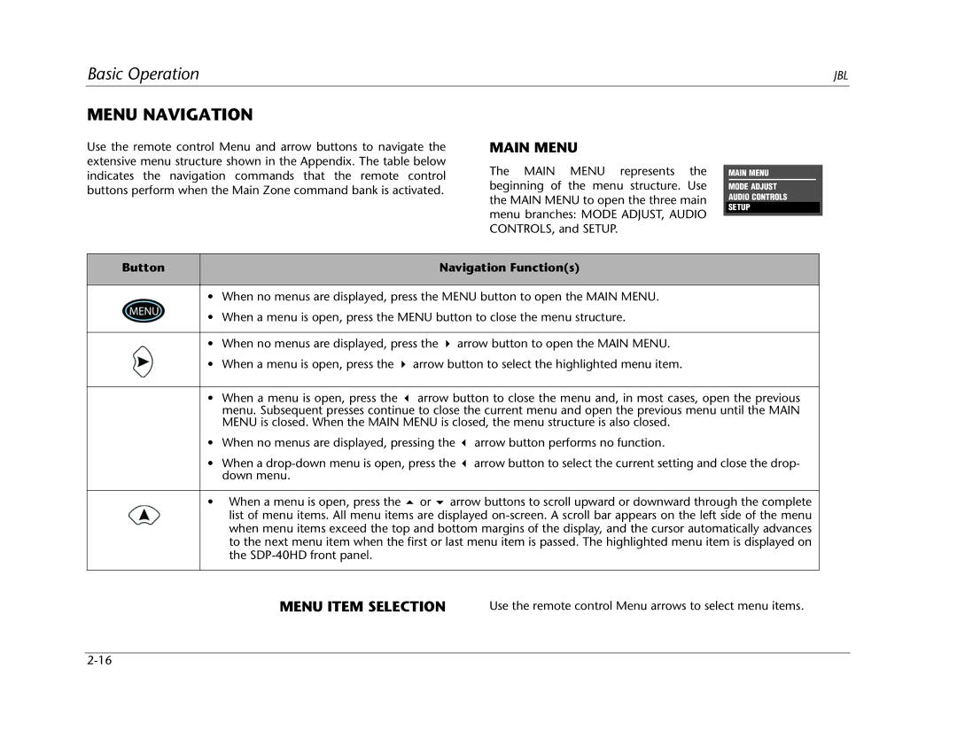 JBL SDP-40HD manual Menu Navigation, Main Menu, Menu Item Selection, Button Navigation Functions 