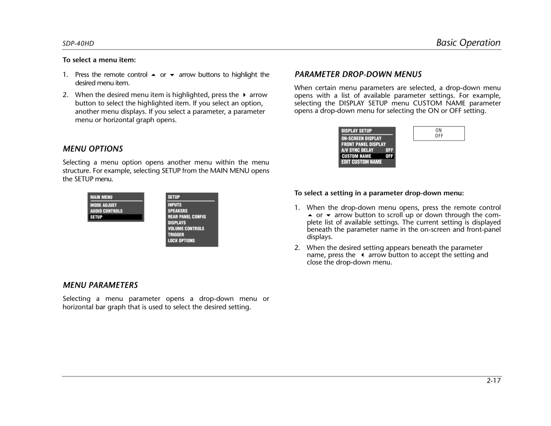 JBL SDP-40HD manual Menu Options, Parameter DROP-DOWN Menus, Menu Parameters, To select a menu item 