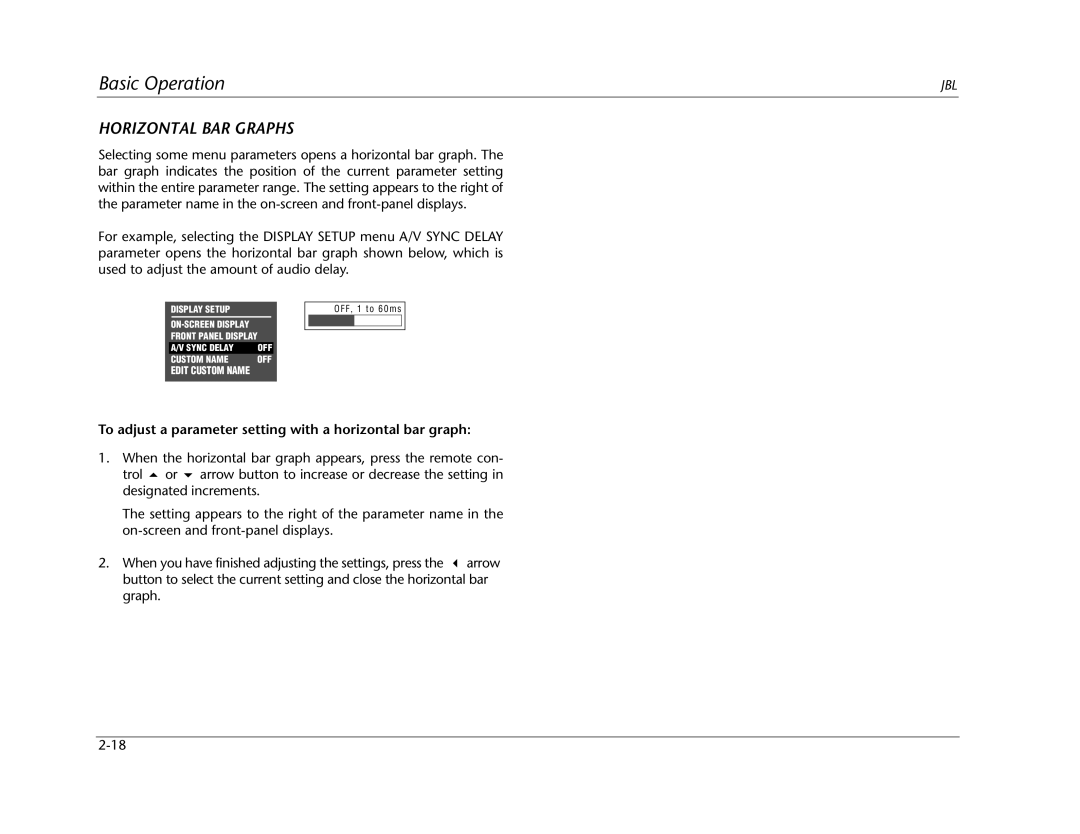 JBL SDP-40HD manual Horizontal BAR Graphs, To adjust a parameter setting with a horizontal bar graph 