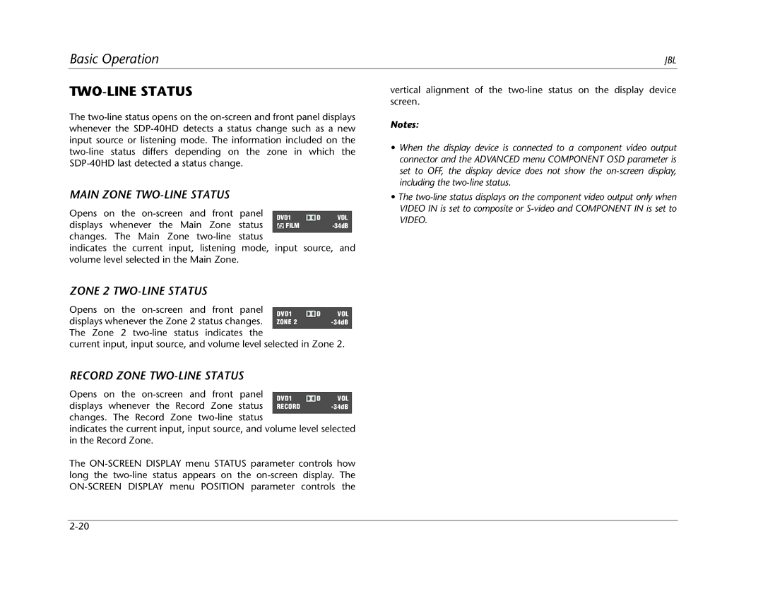 JBL SDP-40HD manual Main Zone TWO-LINE Status, Zone 2 TWO-LINE Status, Record Zone TWO-LINE Status 