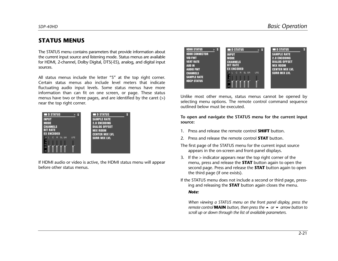 JBL SDP-40HD manual Status Menus 