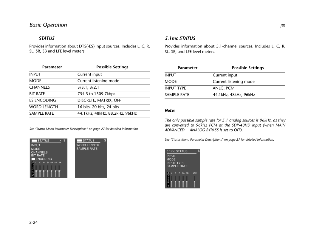 JBL SDP-40HD manual 1mc Status, ES Encoding DISCRETE, MATRIX, OFF Word Length 