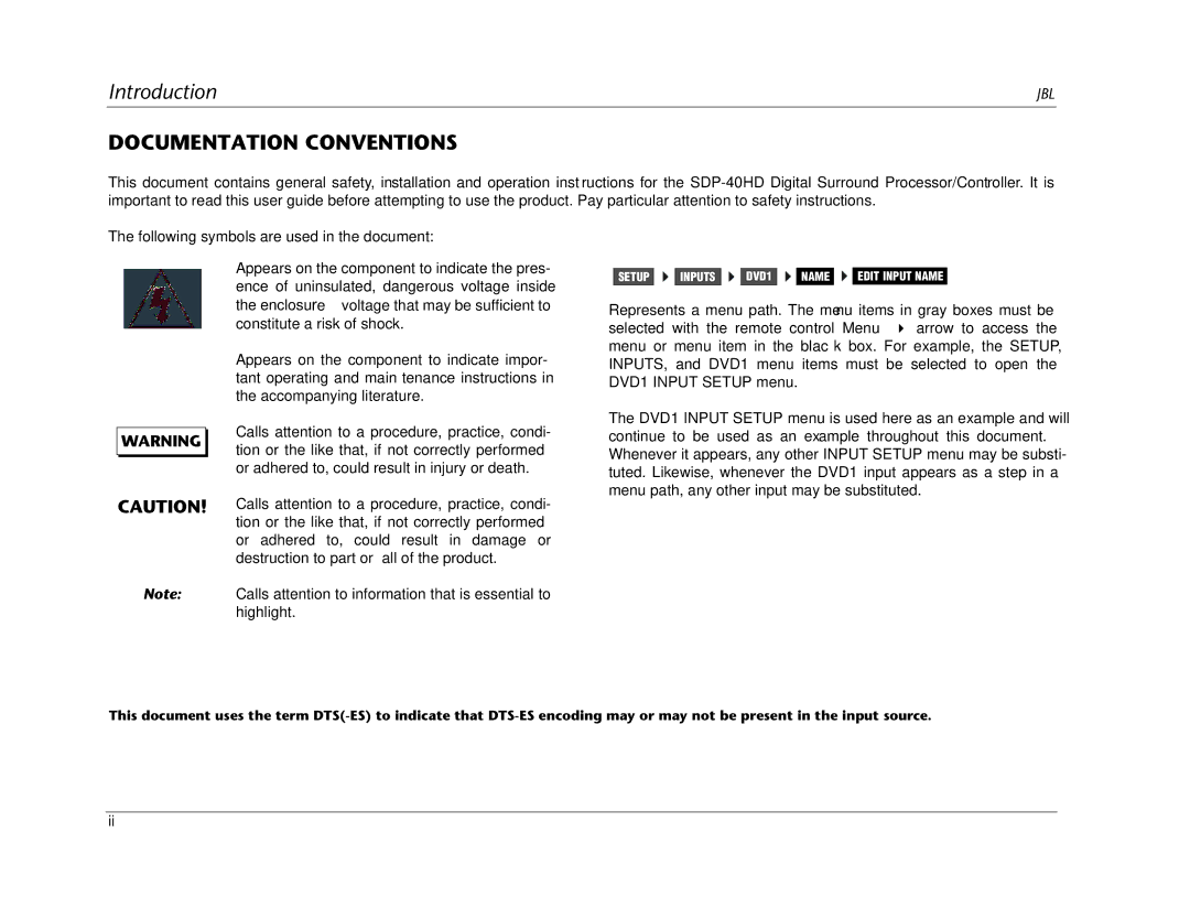 JBL SDP-40HD manual Documentation Conventions, Following symbols are used in the document 