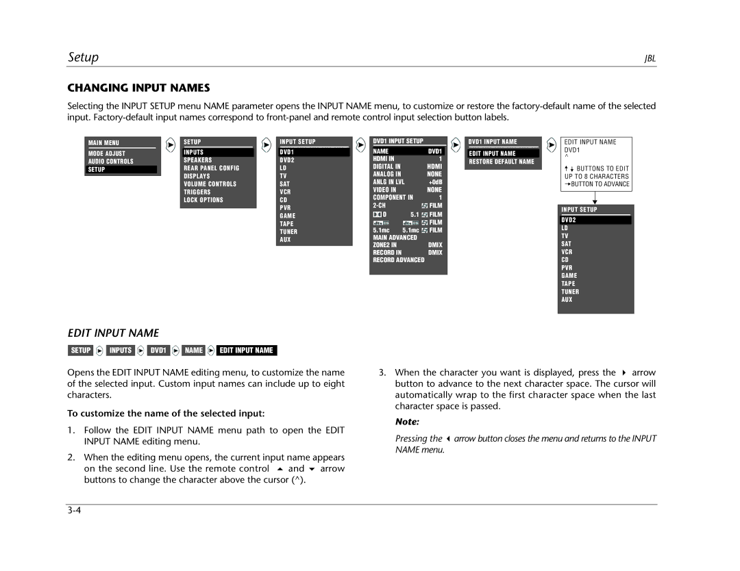 JBL SDP-40HD manual Changing Input Names, Edit Input Name, To customize the name of the selected input 