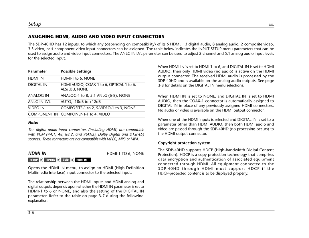 JBL SDP-40HD manual Assigning HDMI, Audio and Video Input Connectors, Hdmi, Copyright protection system 
